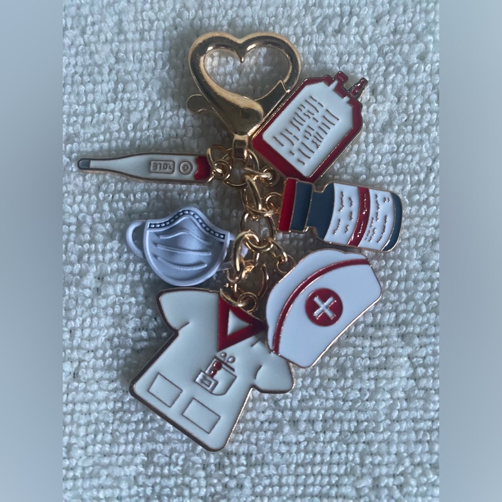 Nurse-Themed Enamel Charm Keychain - White & Red